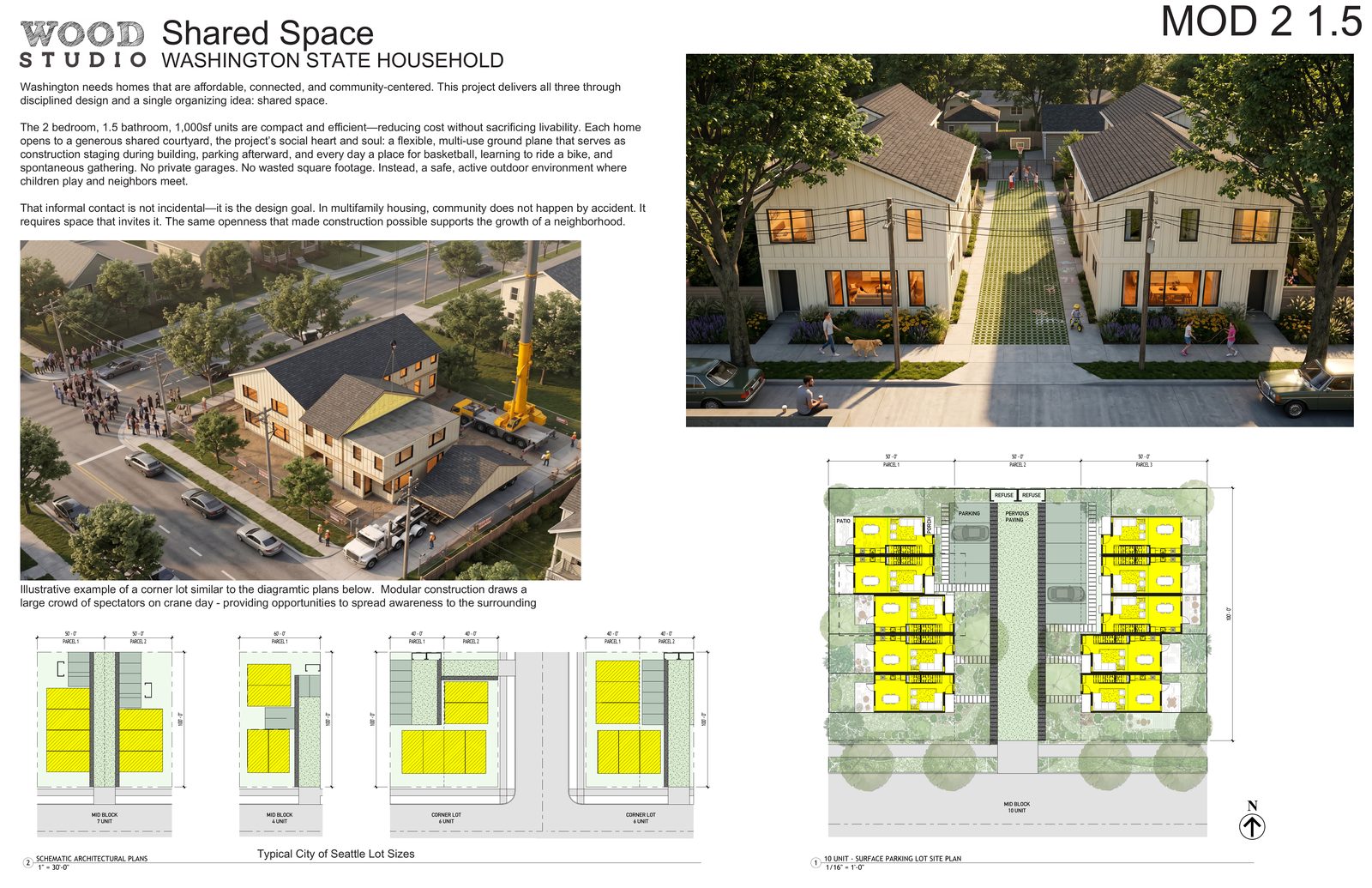 Shared Space competition board 1 — Washington State Household, site plan and unit diagrams