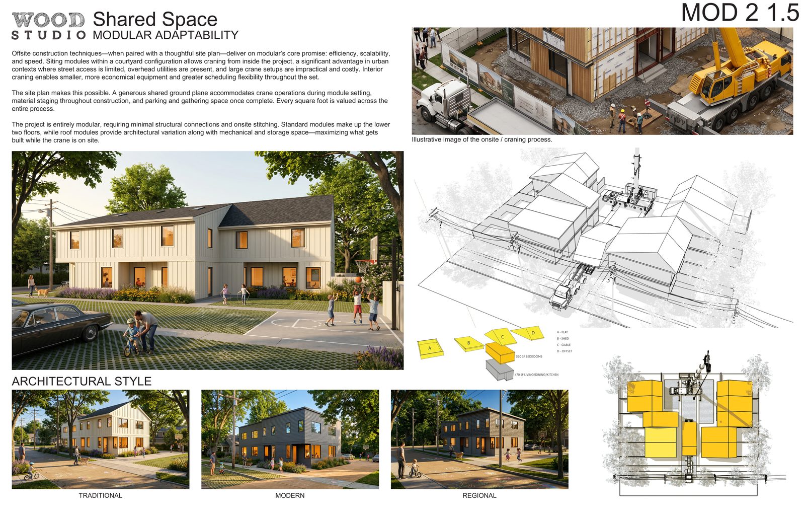 Shared Space competition board 2 — Modular Adaptability, construction process and architectural style options