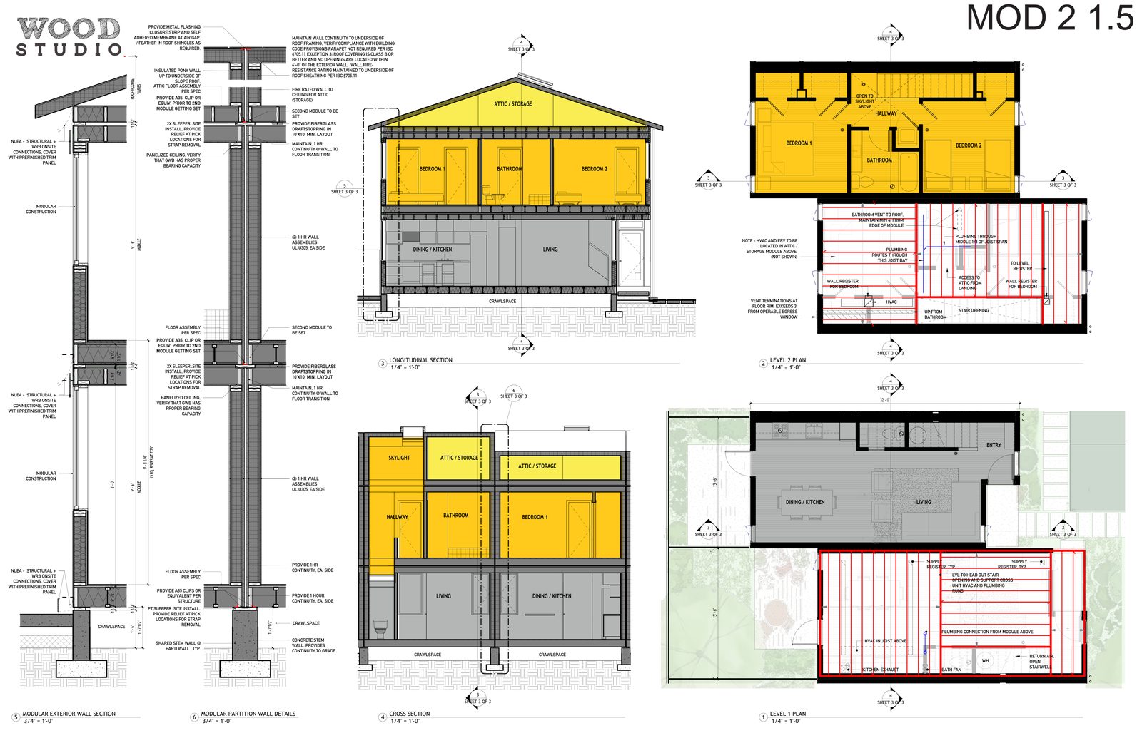 Shared Space competition board 3 — floor plans, sections, and modular wall details